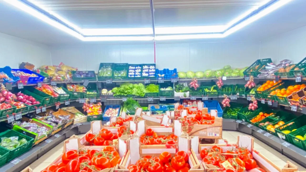 Obst- und Gemüseabteilung mit Tomaten im Vordergrund